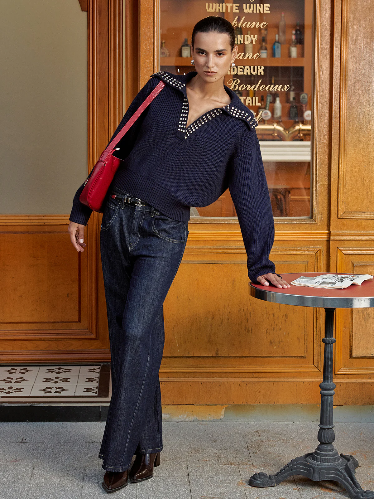 Studded Collar Wool Blend V-Neck Sweater - Wholesalesil