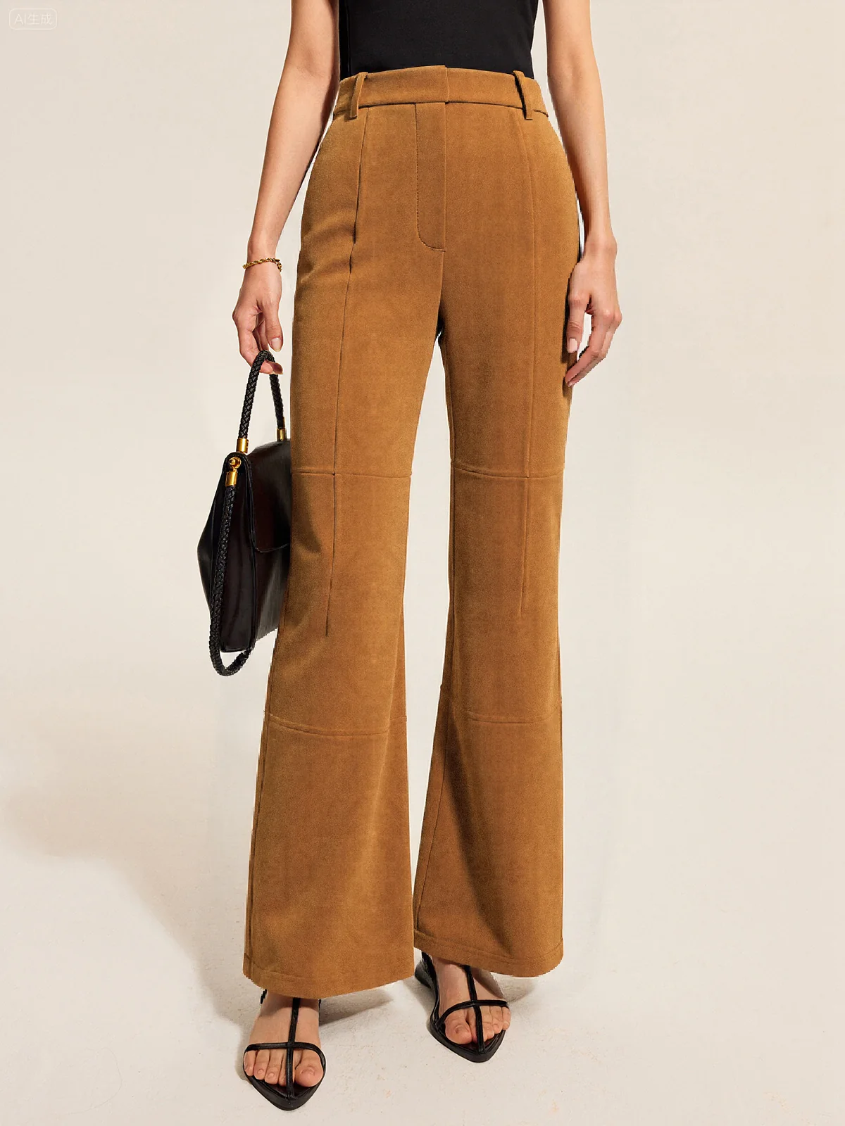 Suede Effect Mid-Waist Paneled Pants - Wholesalesil
