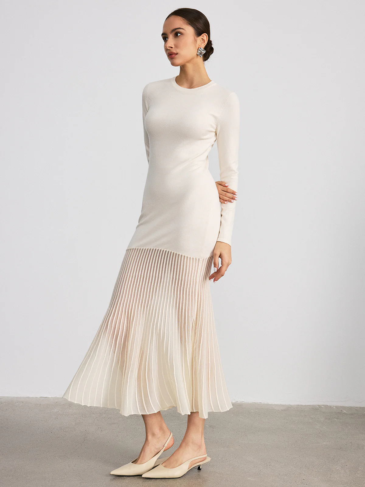 Mesh Panel Hem Long Sleeve Knit Maxi Dress - Wholesalesil