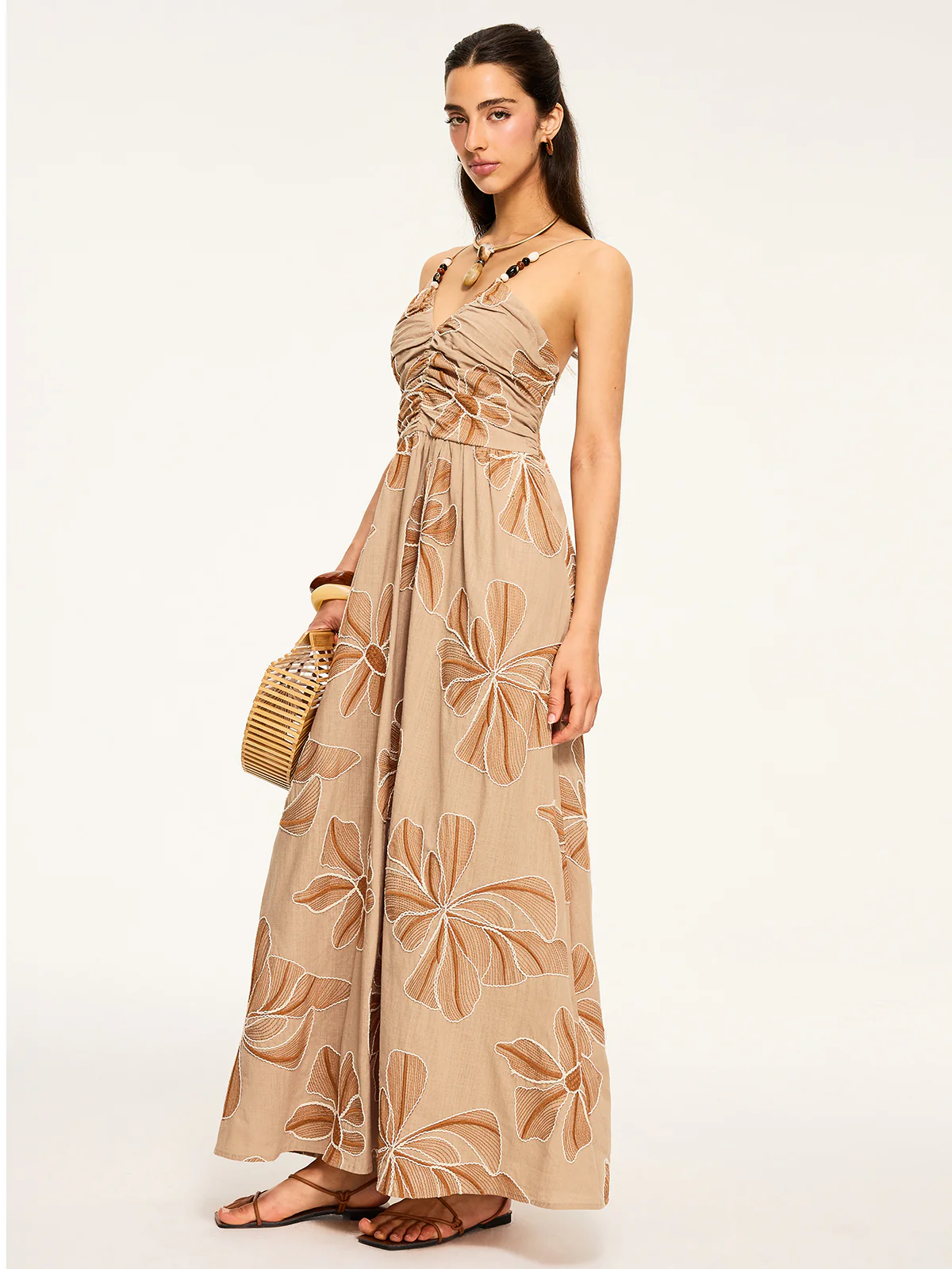 Floral Print Backless Maxi Dress - Wholesalesil