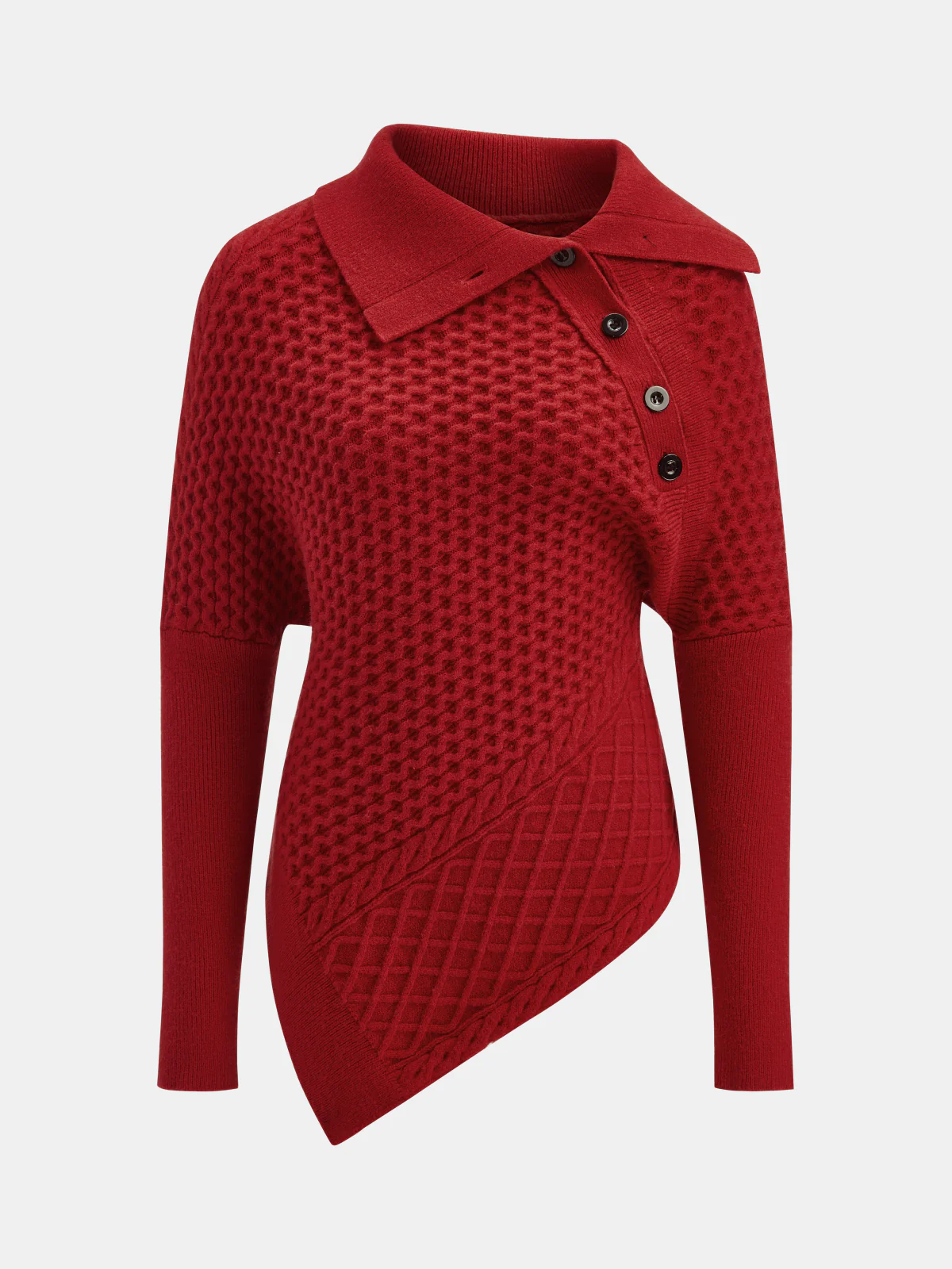 Asymmetric Textured Knit Polo Sweater - Wholesalesil