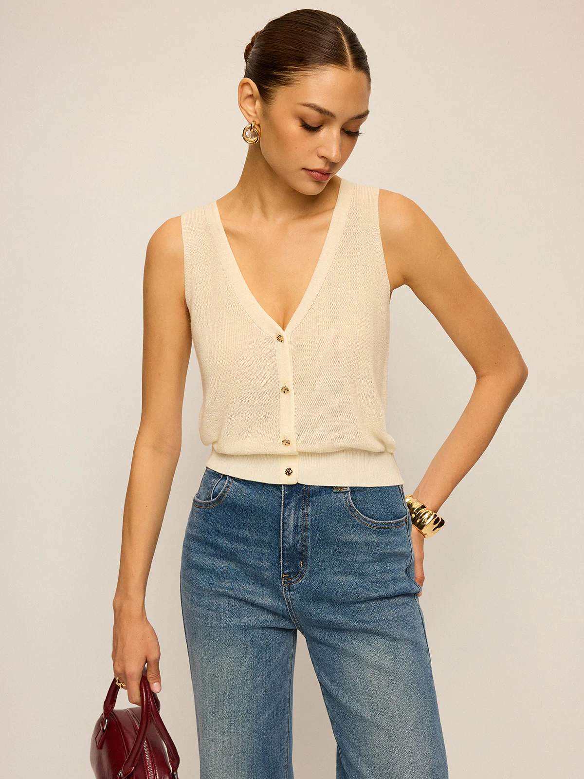 V-Neck Button Knitted Tank Top - Wholesalesil