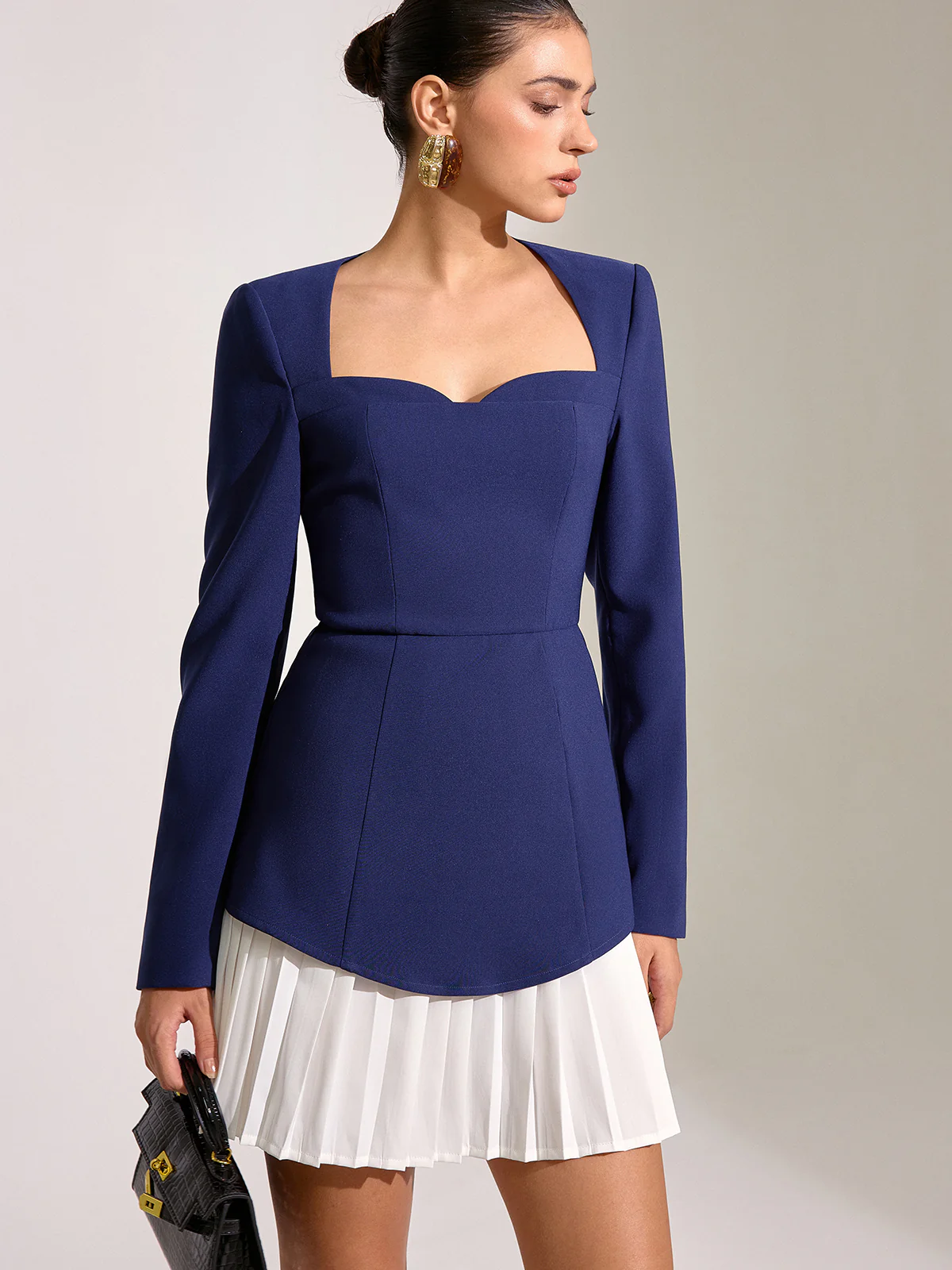 Contrast Pleated Hem Square Neck Mini Dress - Wholesalesil