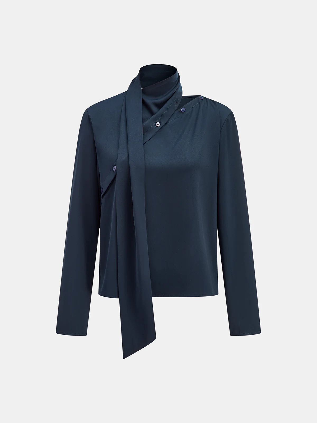 Asymmetric Tie-Neck Button Detail Satin Blouse - Wholesalesil