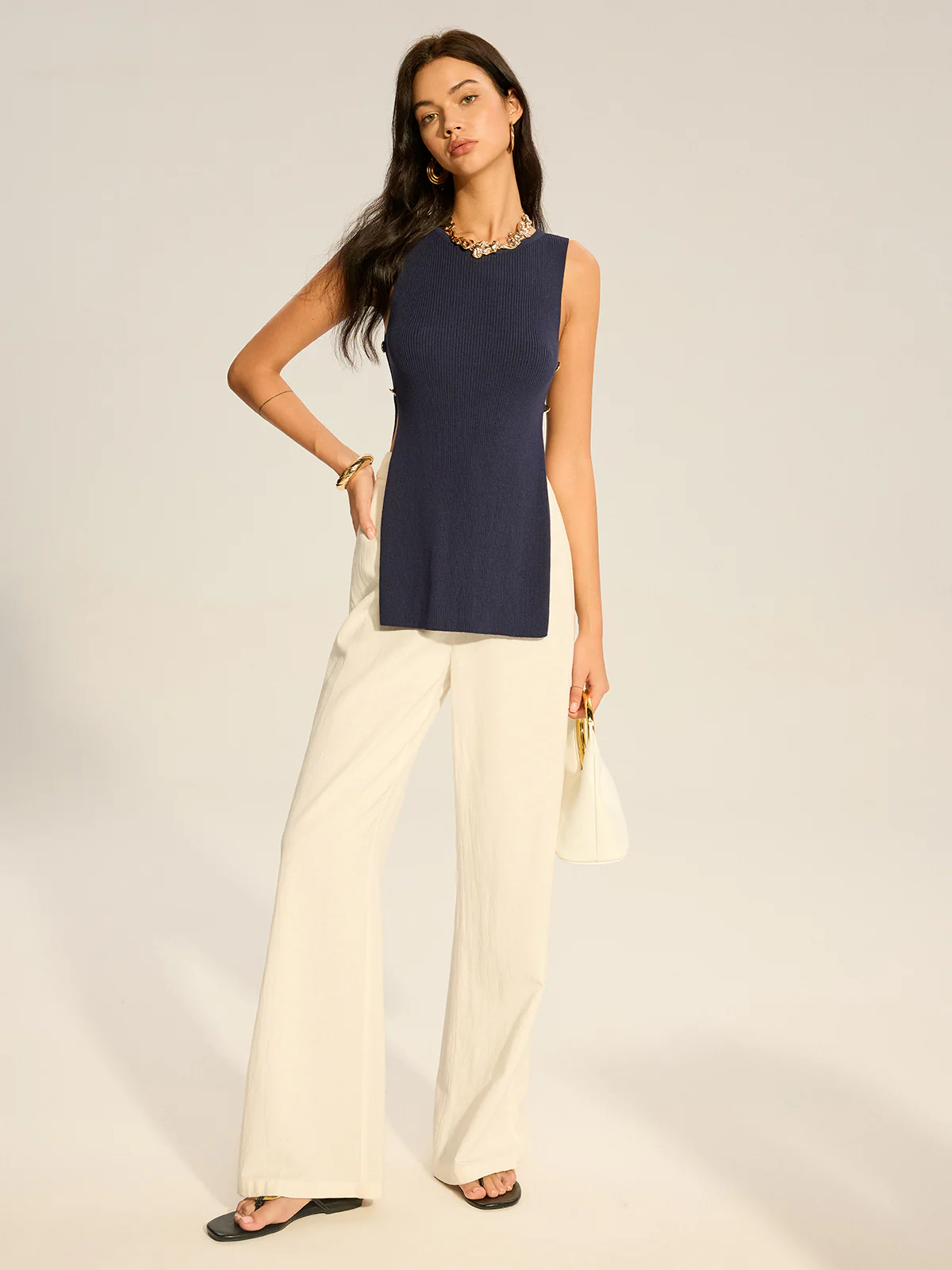 Ribbed Sleeveless Top with Side Slit - Wholesalesil