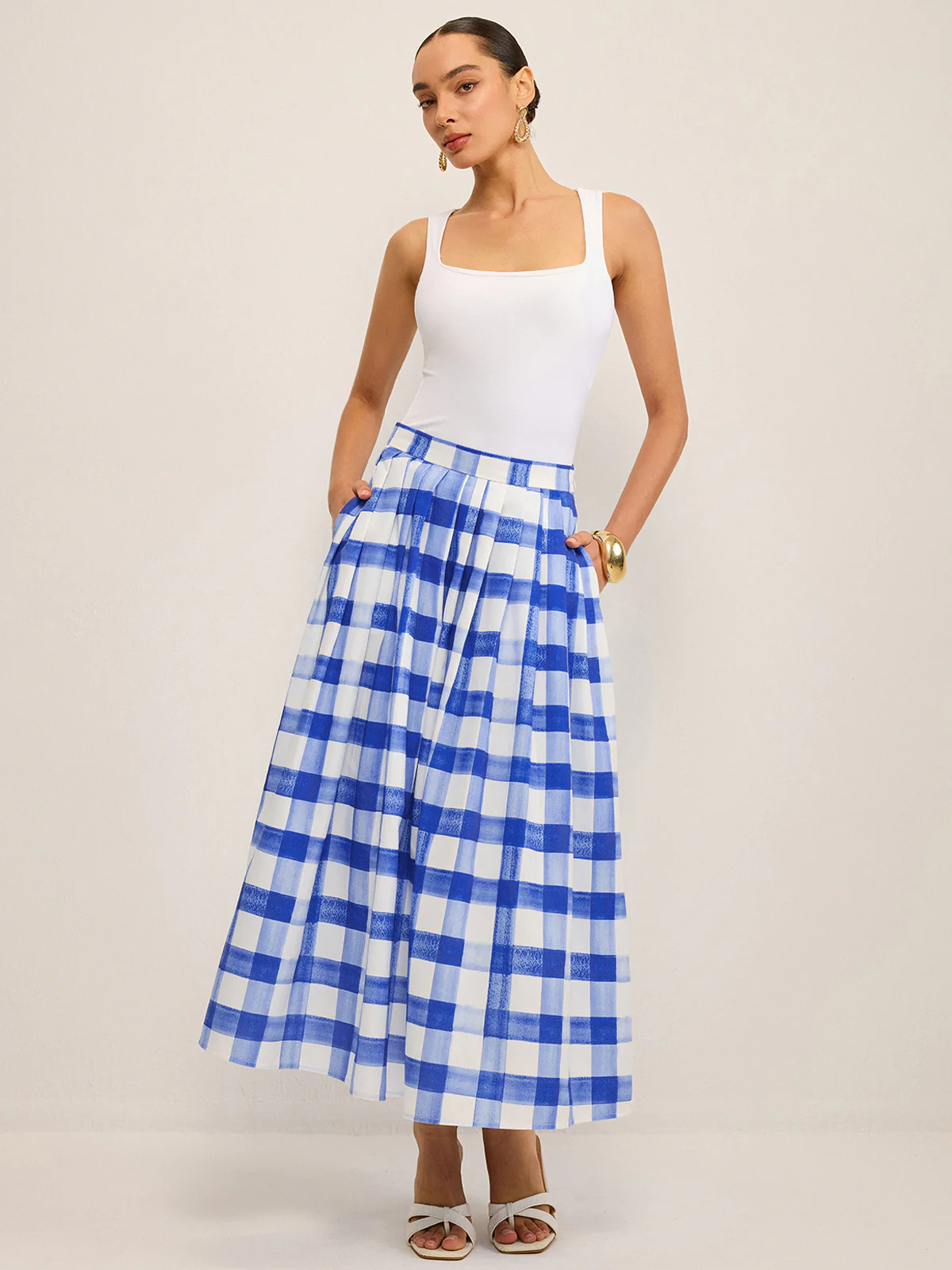 Pocketed Gingham Midi Skirt - Wholesalesil