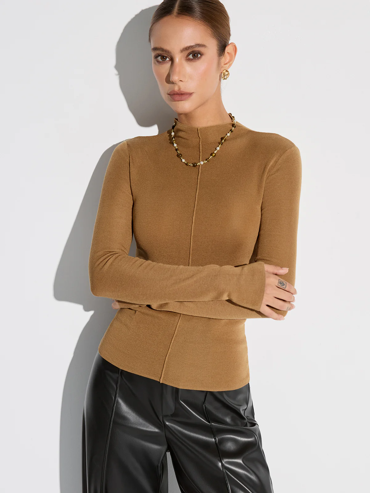 Wool Blend Mock Neck Fitted Long Sleeve Knit Top - Wholesalesil