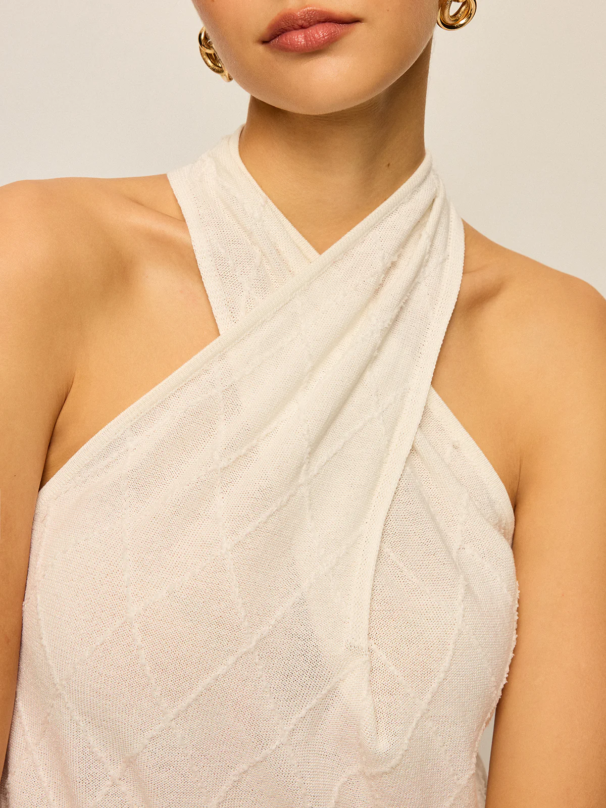 Halter Neck Knit Top with Cross-Strap Neckline - Wholesalesil