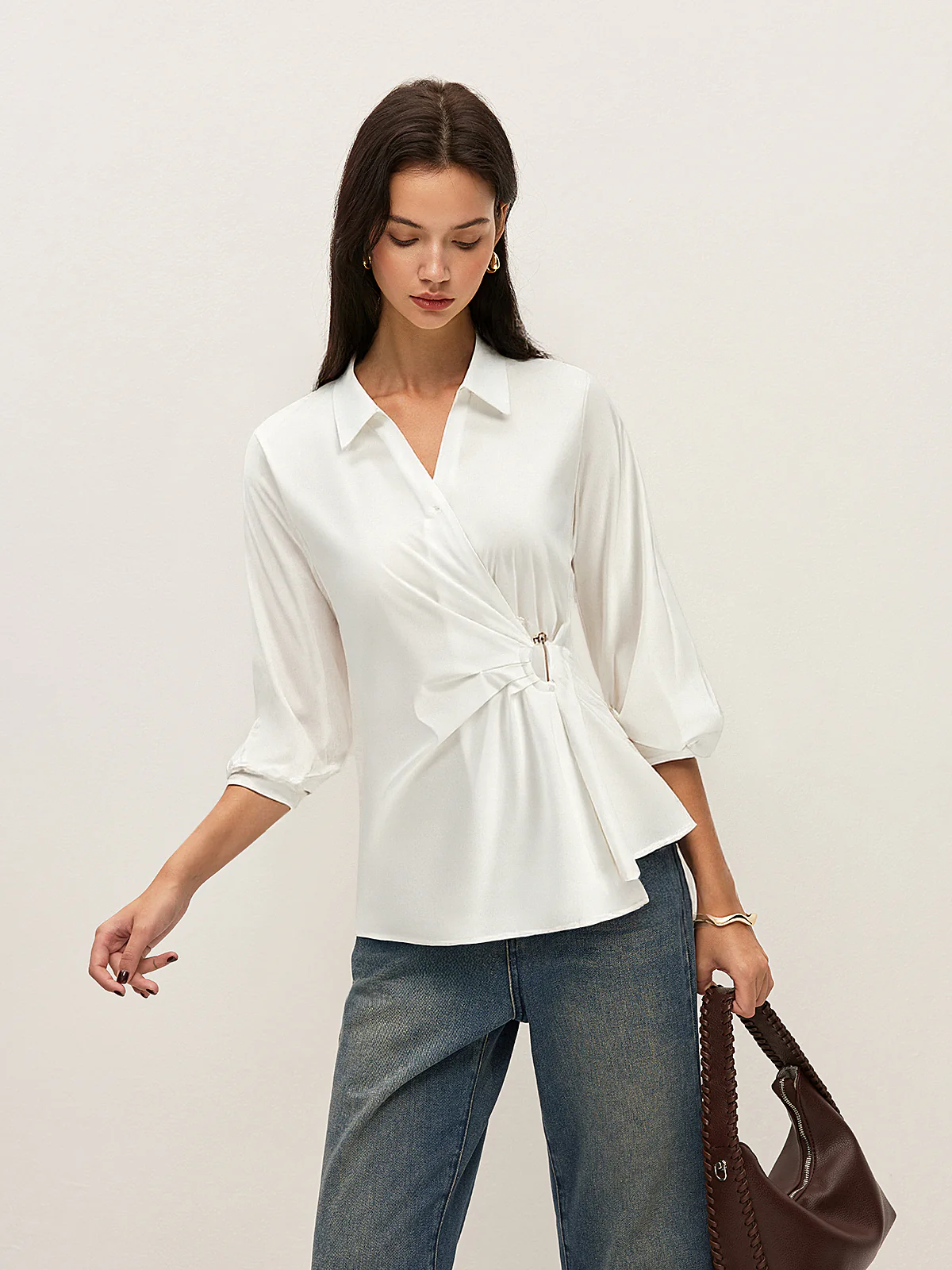 Asymmetric Wrap Shirt with Metal Buckle - Wholesalesil