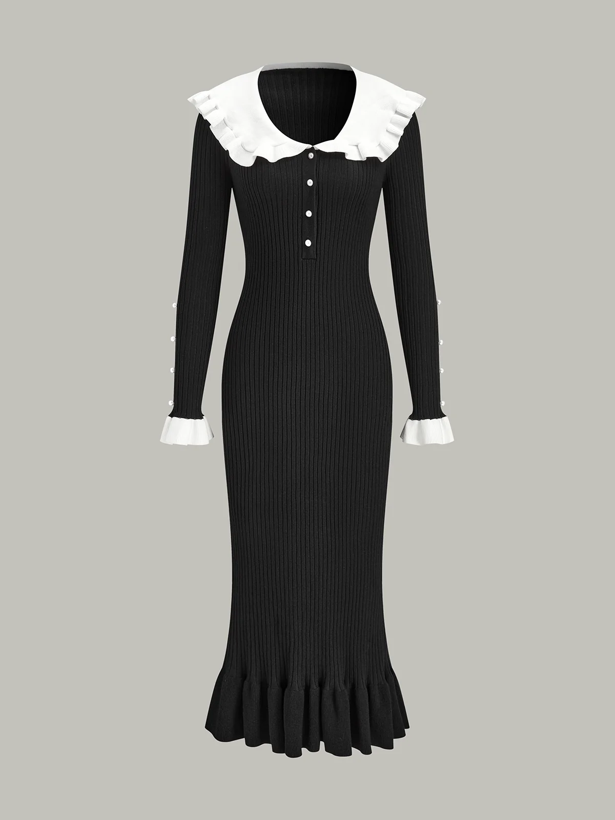 Contrast Ruffled Collar Knit Midi Dress - Wholesalesil
