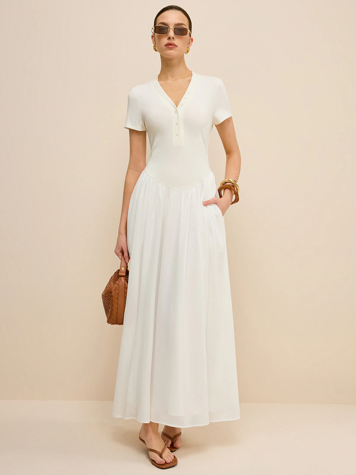 Button-Placket V-Neck Maxi Dress - Wholesalesil