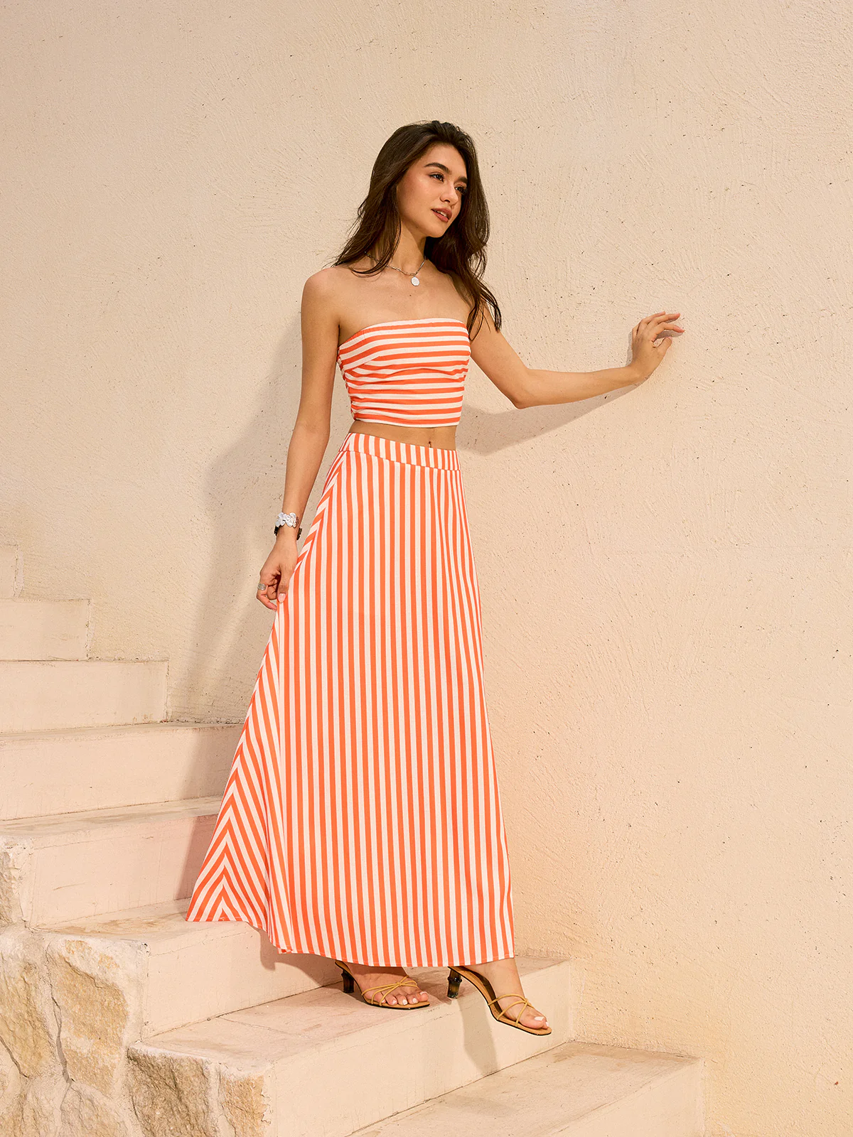 Striped Strapless Top and Maxi Skirt Set - Wholesalesil