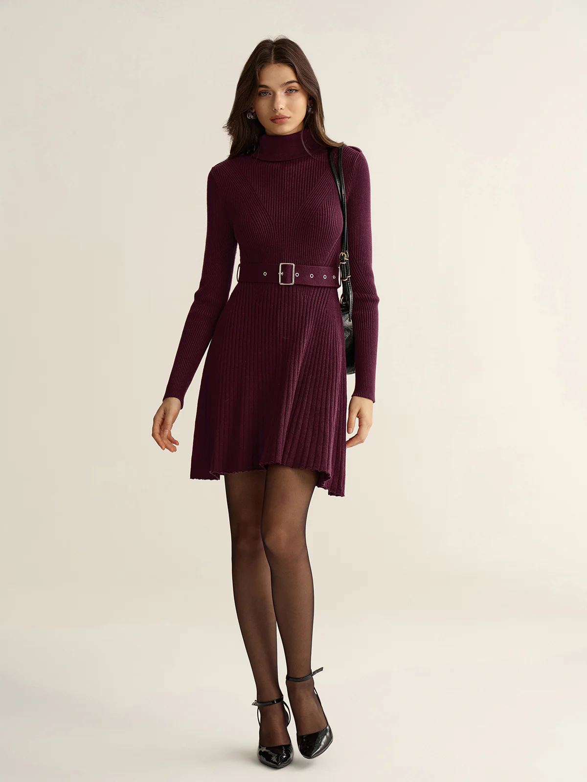Belted Turtleneck Ribbed Knit Mini Dress - Wholesalesil