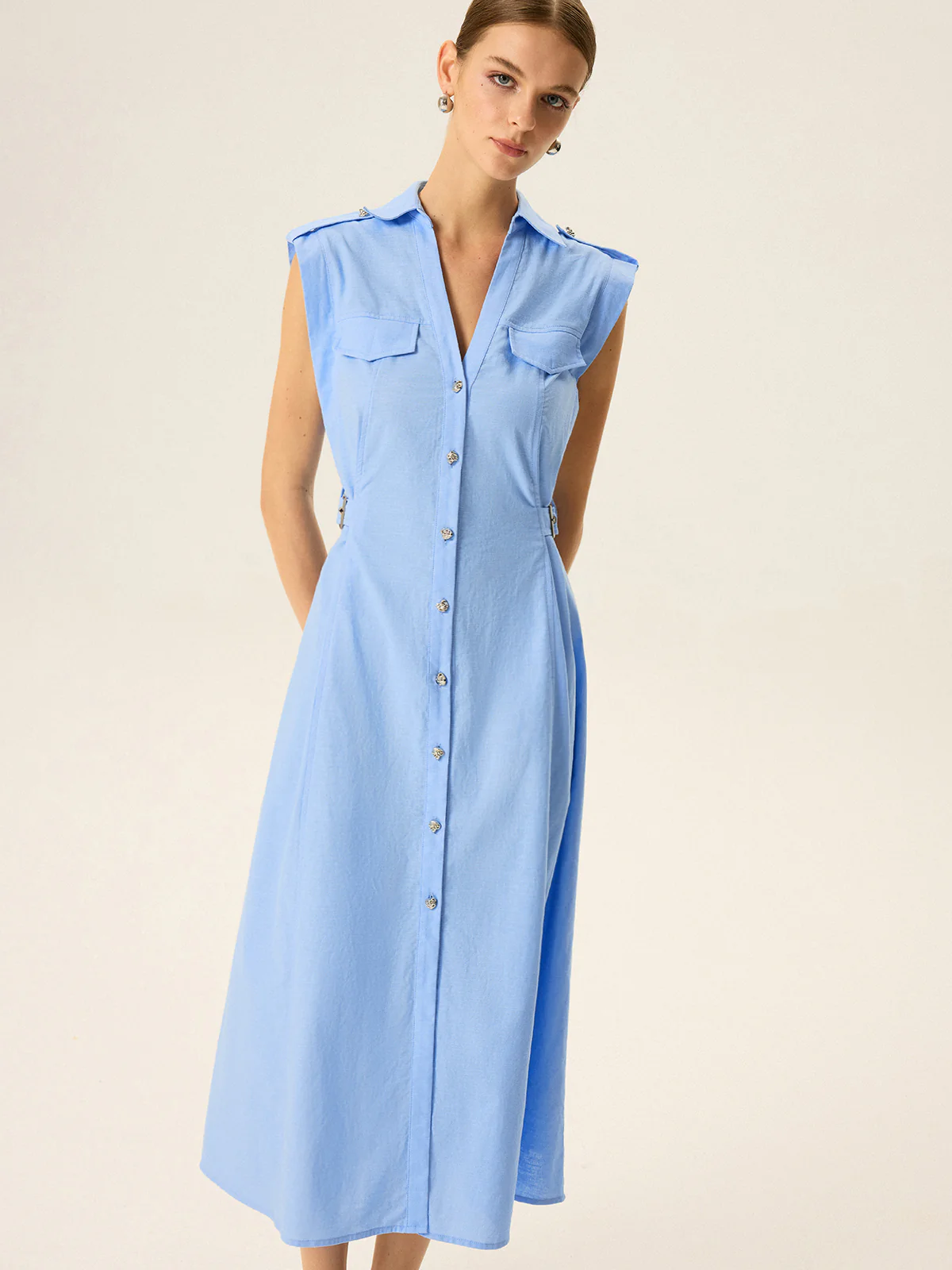 Linen & Cotton V-Neck Midi Dress with Metal Button - Wholesalesil