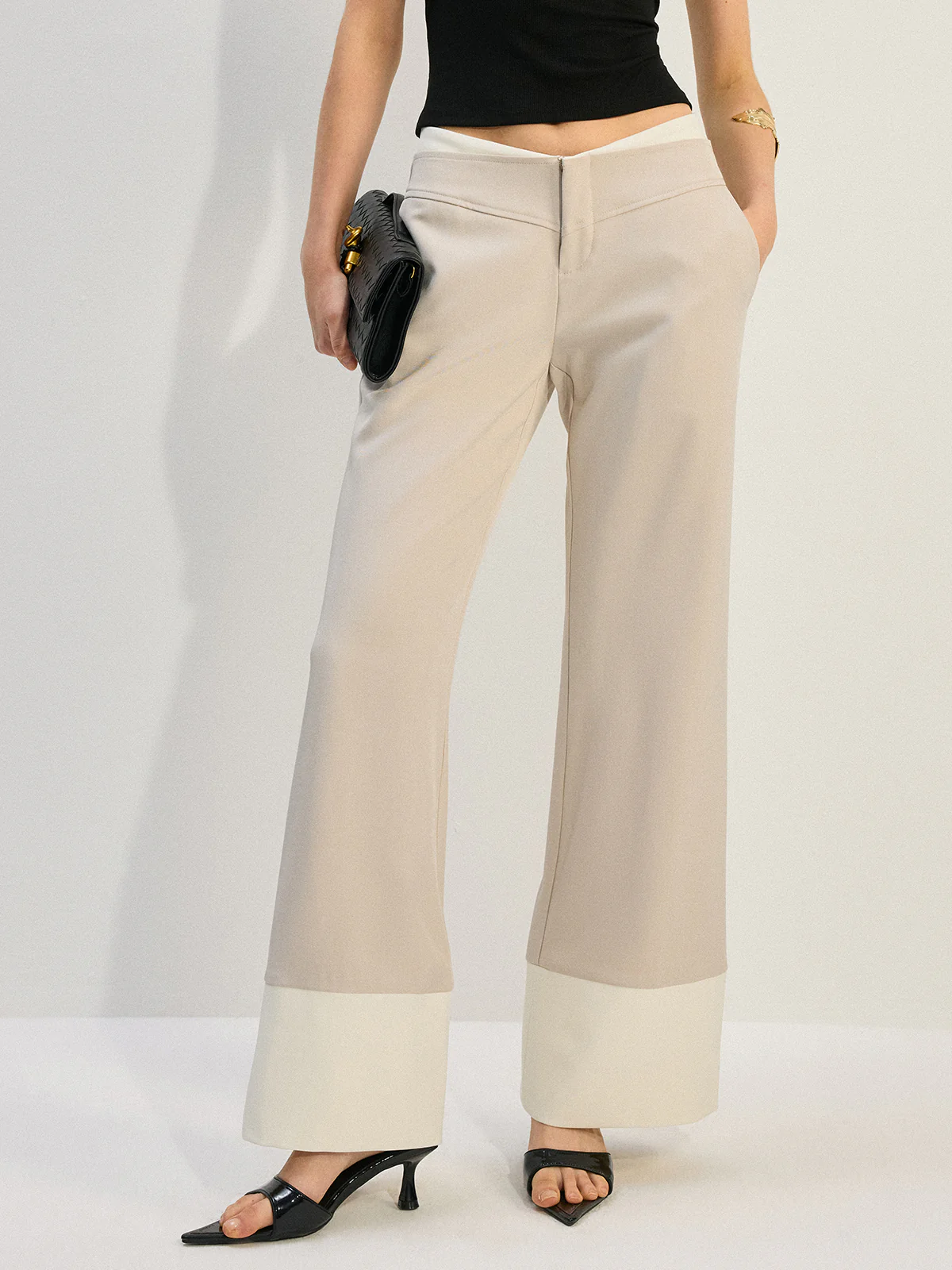 Wide-Leg Low-Waist Pants with Colorblock Hem - Wholesalesil