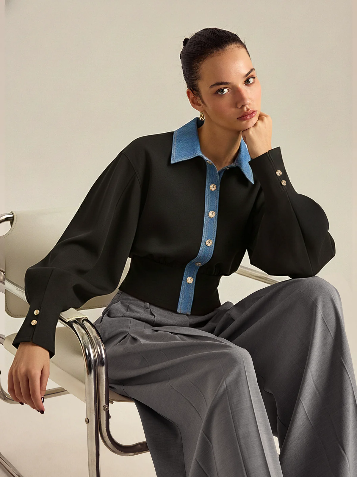 Denim Trim Buttoned Sweater - Wholesalesil