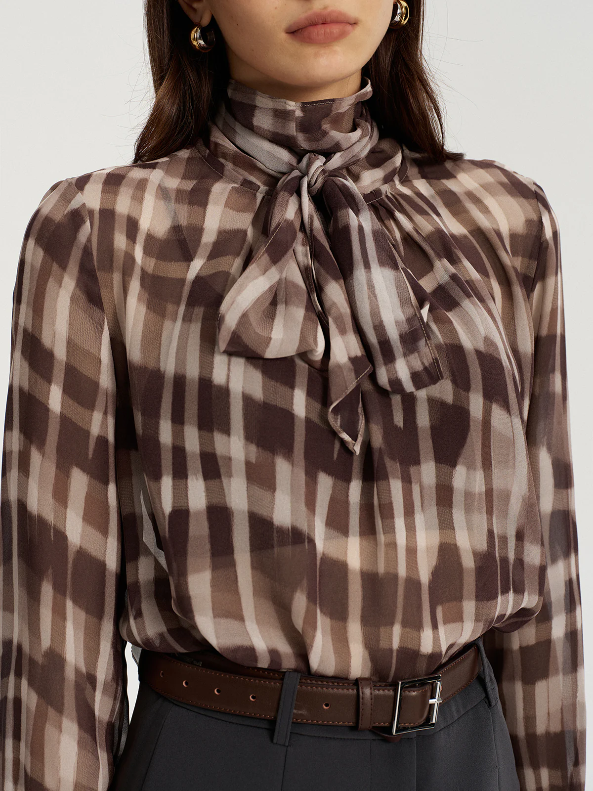 Tie Neck Plaid Semi-Sheer Chiffon Blouse - Wholesalesil