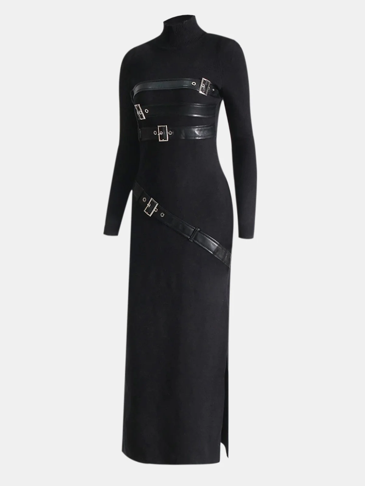 Faux Leather Panel Mock Neck Knit Maxi Dress - Wholesalesil