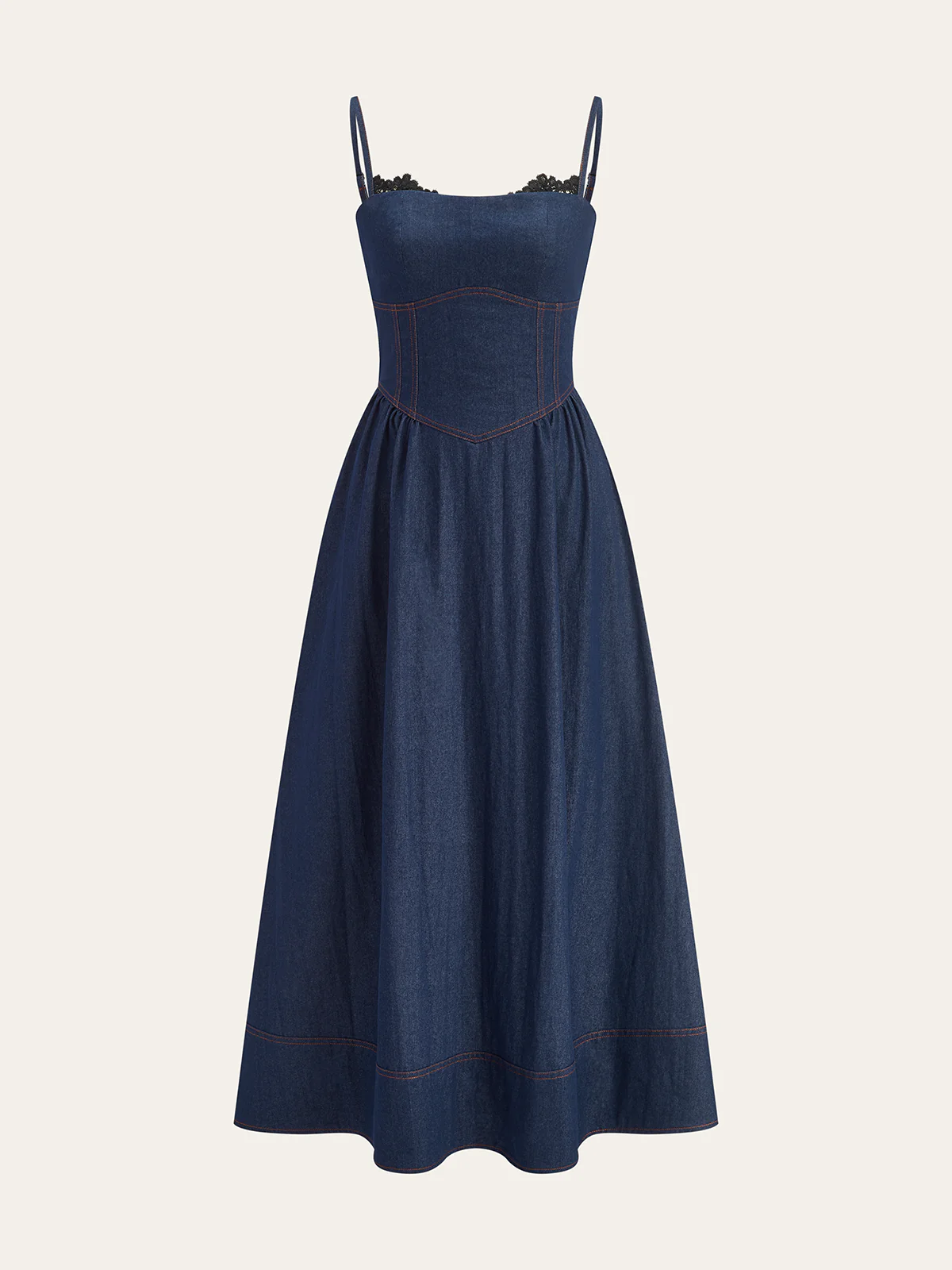Lace Trim Denim Cami Maxi Dress - Wholesalesil