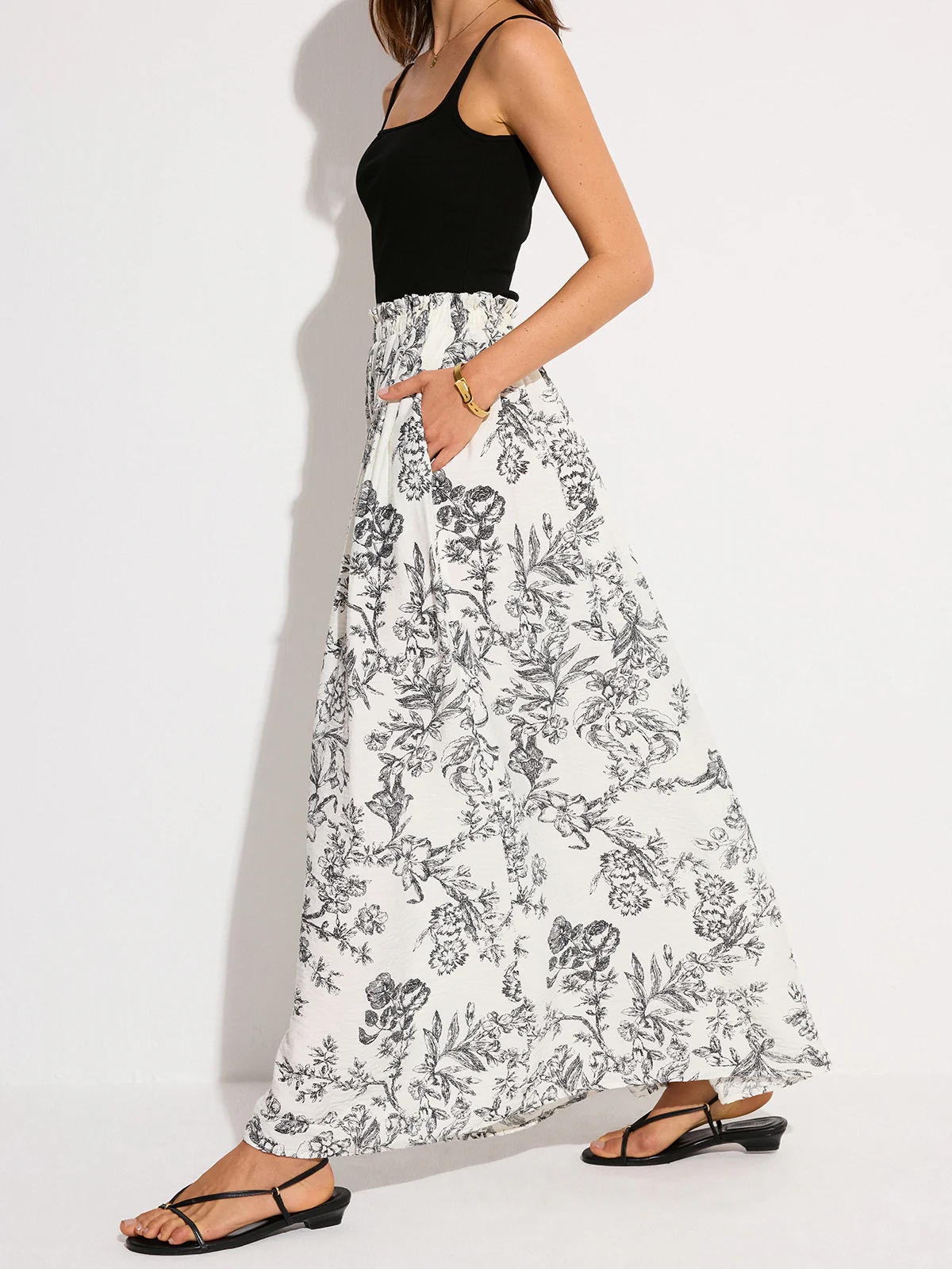 Pocketed Floral Print Maxi Skirt - Wholesalesil