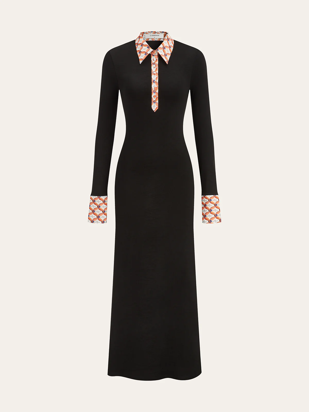 Print Trim Shirt Collar Maxi Dress - Wholesalesil