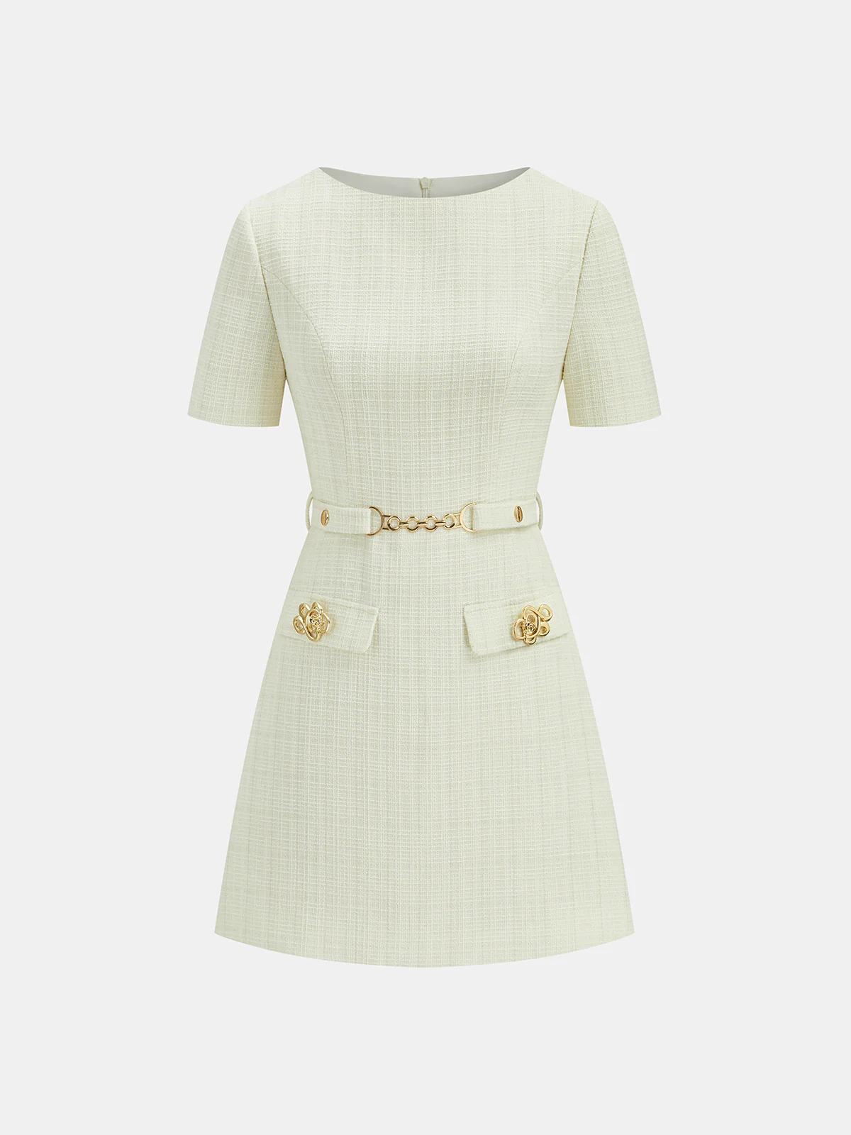 Metal Detail Tweed Belted Mini Dress - Wholesalesil