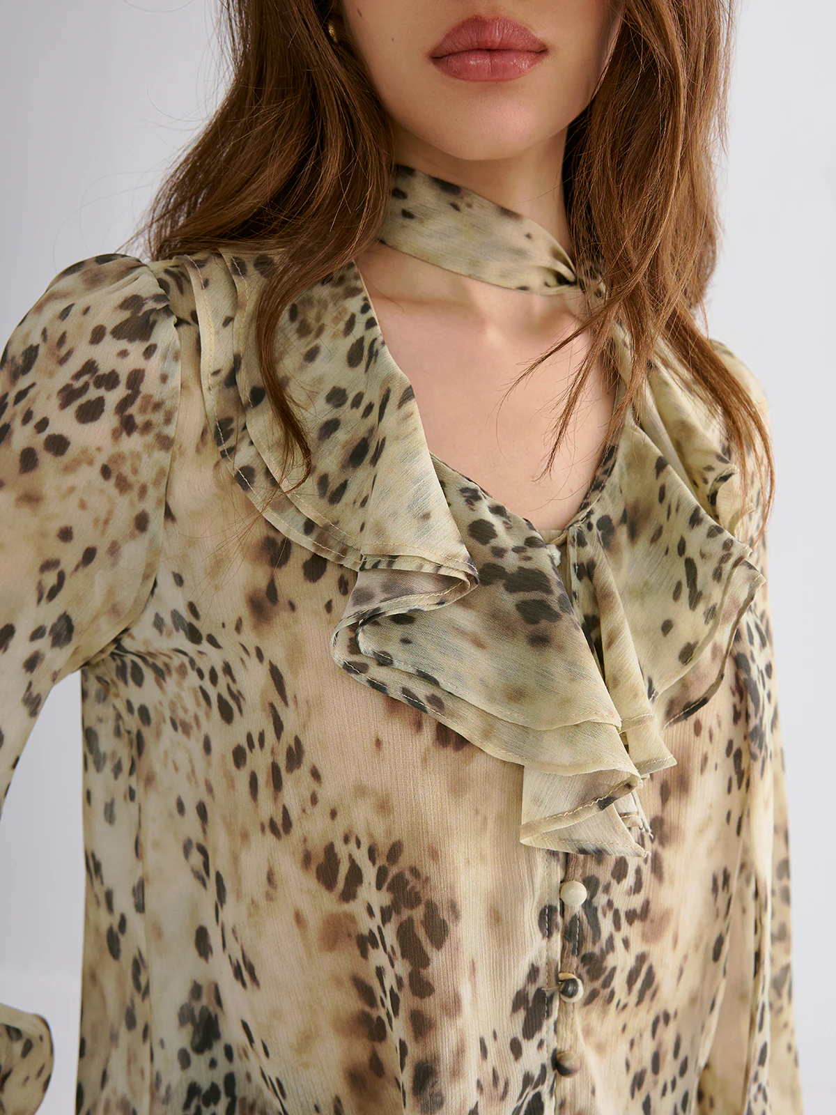 Semi-Sheer Ruffle Leopard Print Blouse - Wholesalesil
