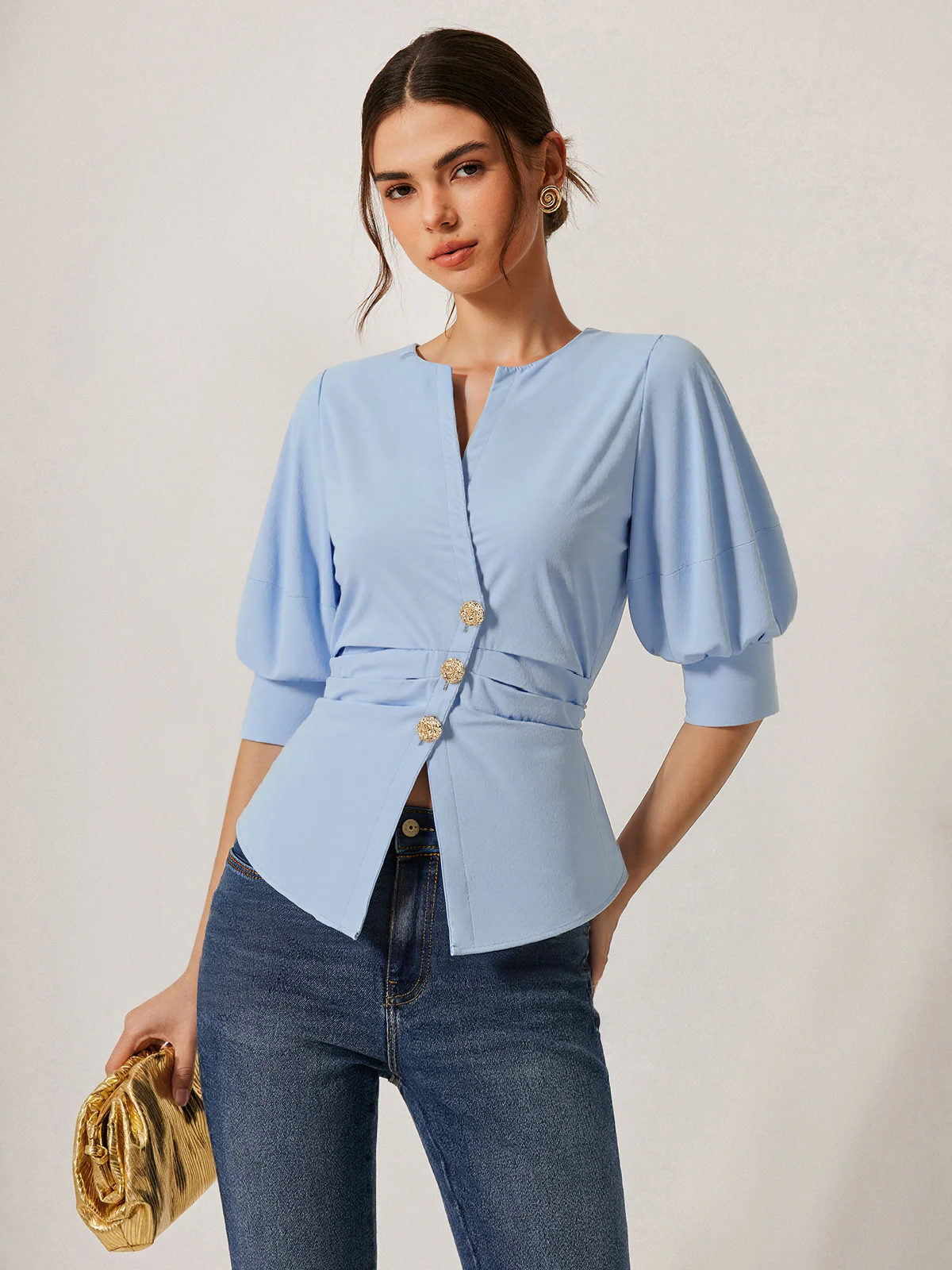 Asymmetric Metal Button Puff-Sleeve Shirt - Wholesalesil