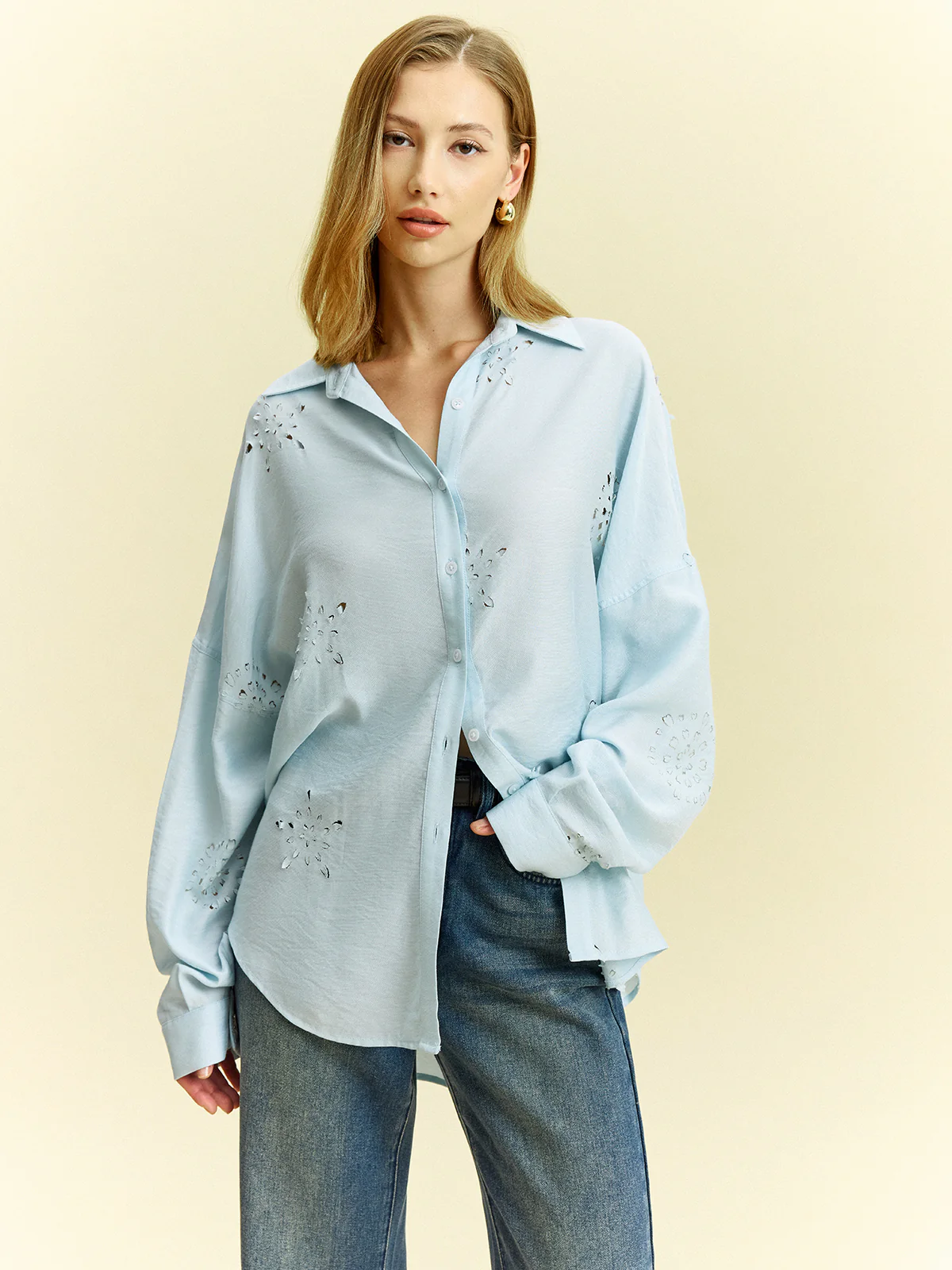 Oversized Eyelet Detail Shirt - Wholesalesil