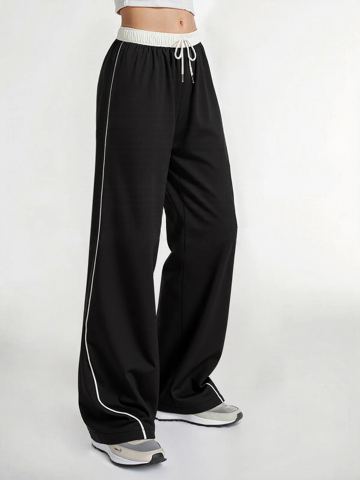 Contrast Waistband Drawstring Wide-Leg Pants - Wholesalesil