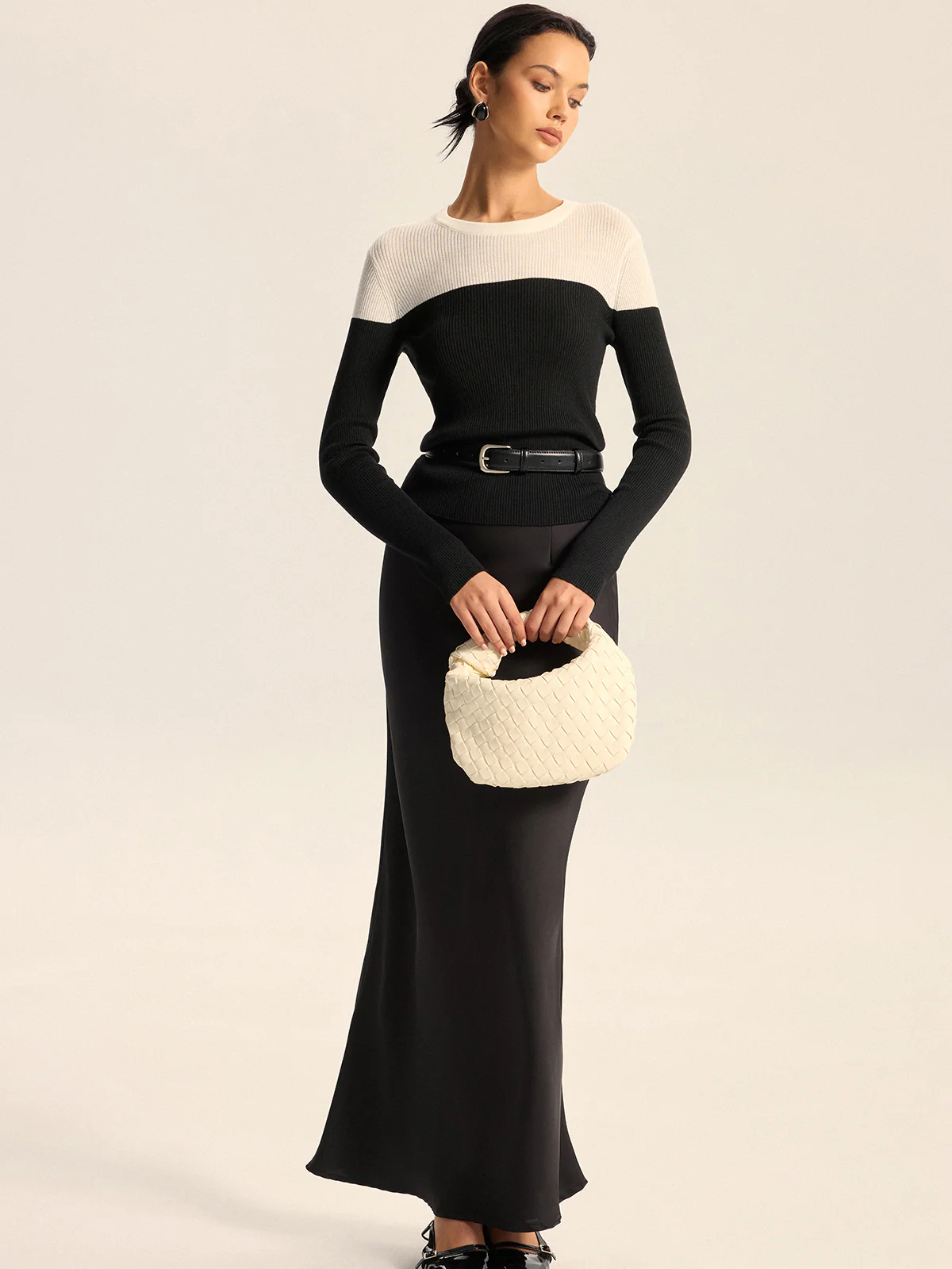 Two-Tone Ribbed Wool Blend Sweater without Belt - Wholesalesil