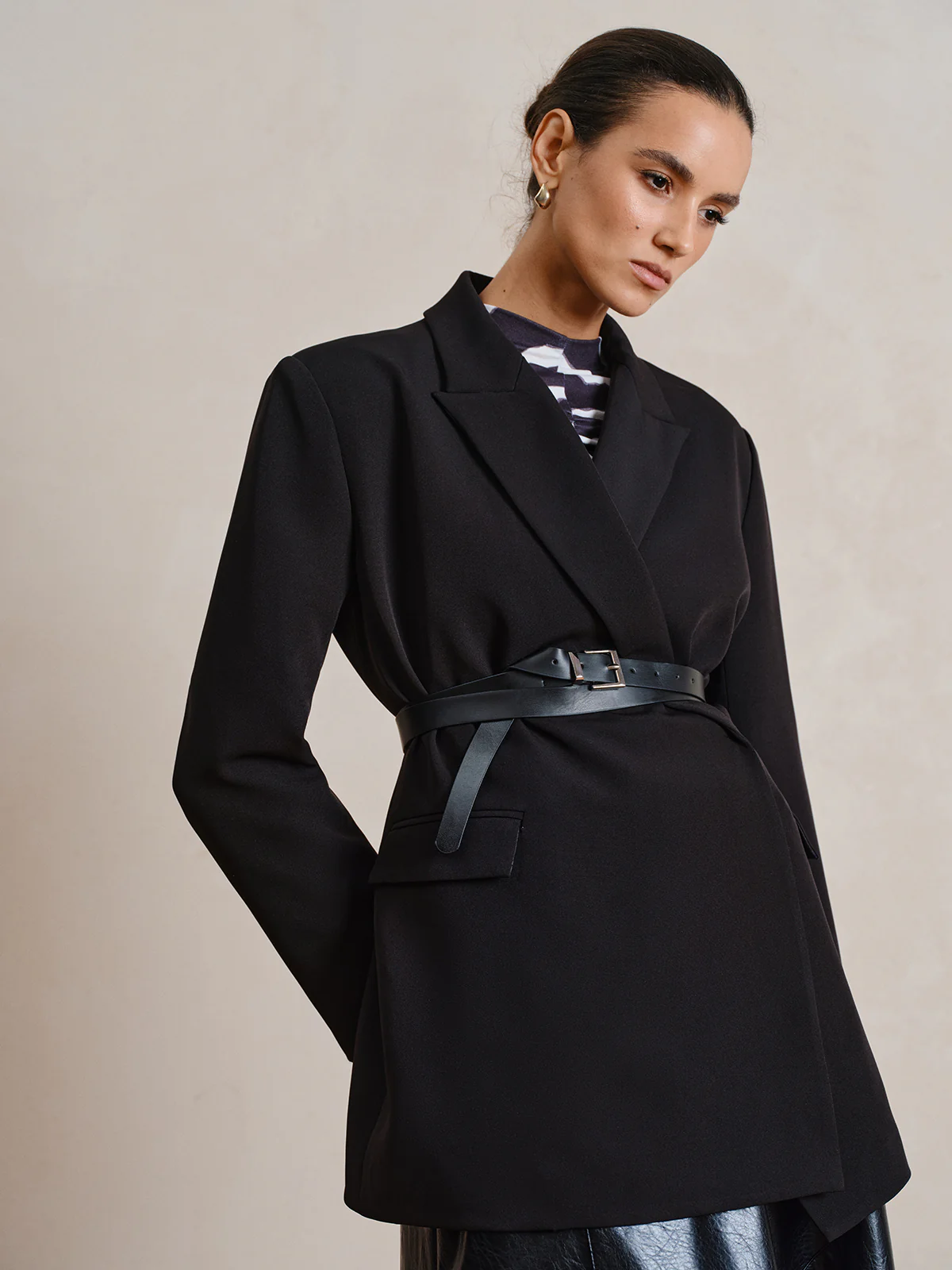 Belted Long Sleeve Lapel Blazer - Wholesalesil