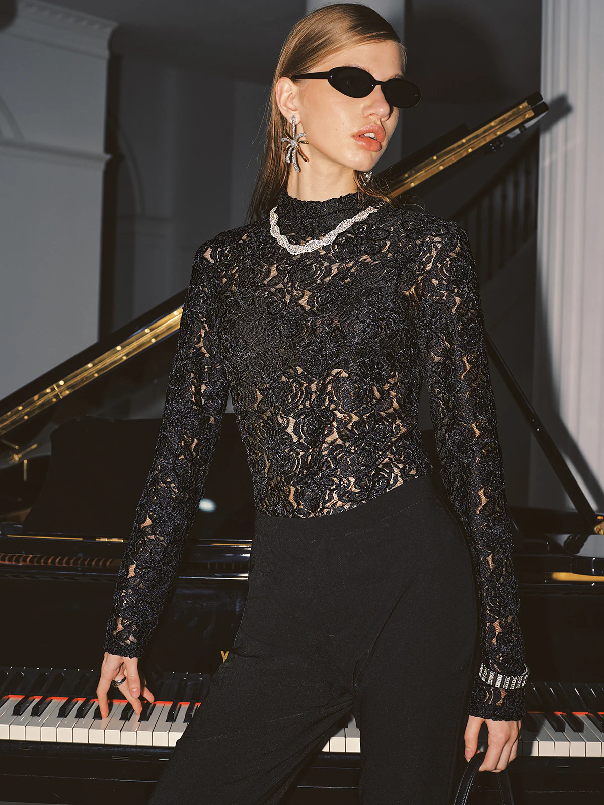 High Neck Lace Floral Long Sleeve Blouse - Wholesalesil