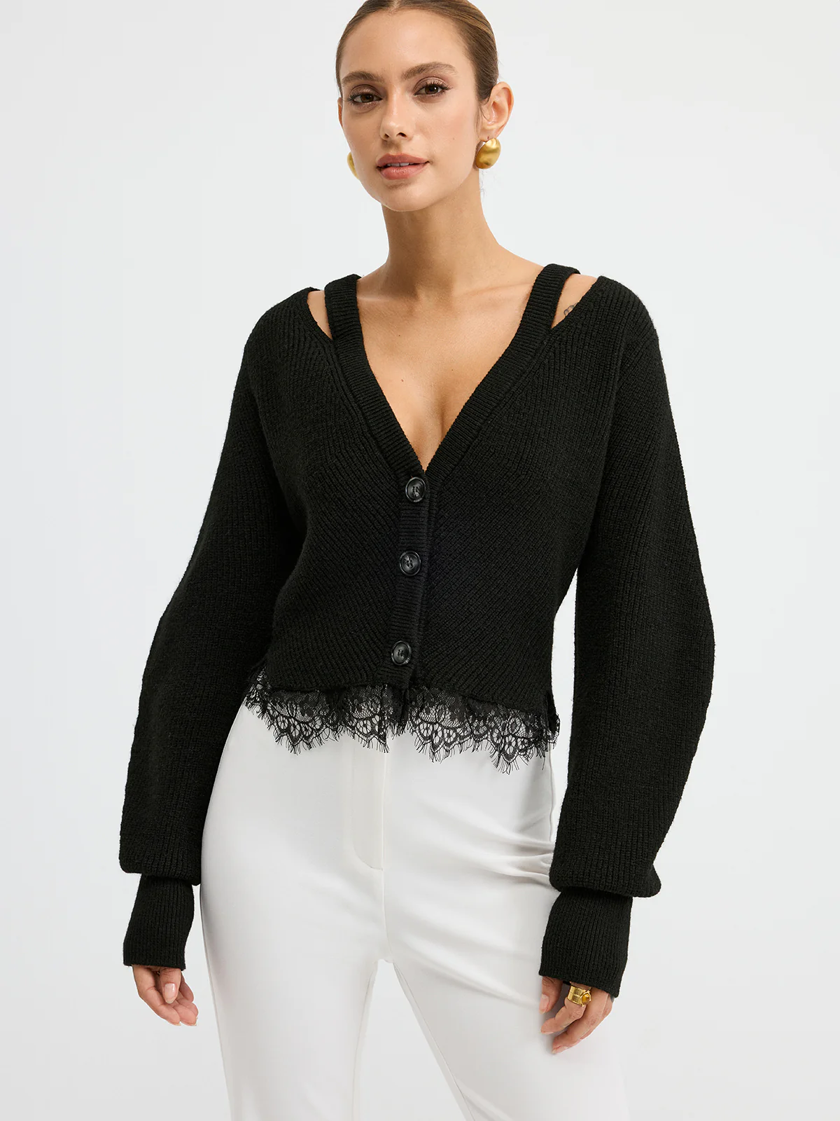 Lace Hem Wool Blend Cardigan - Wholesalesil