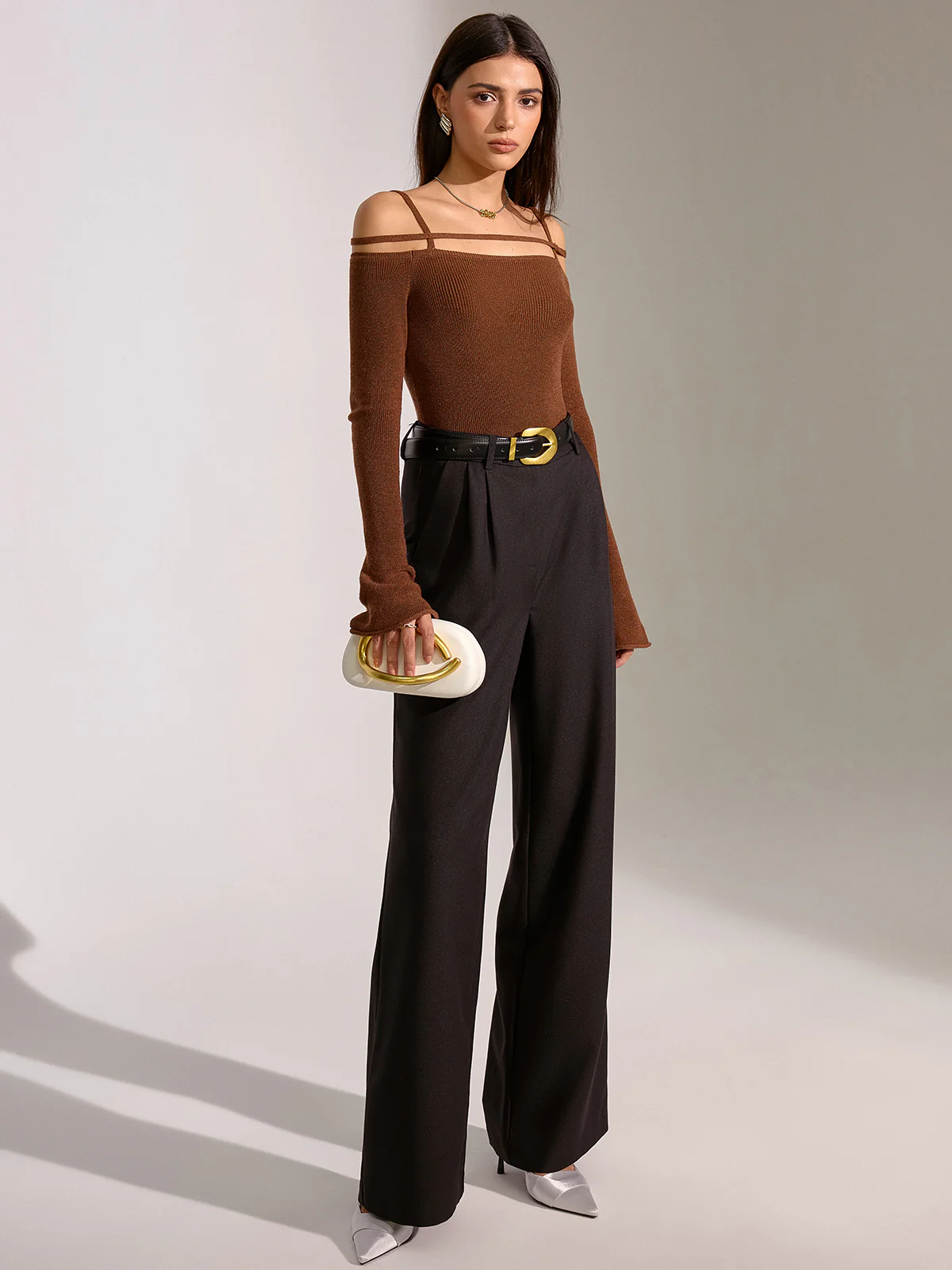 Flared Cuff Wool Blend Off-Shoulder Knit Top - Wholesalesil