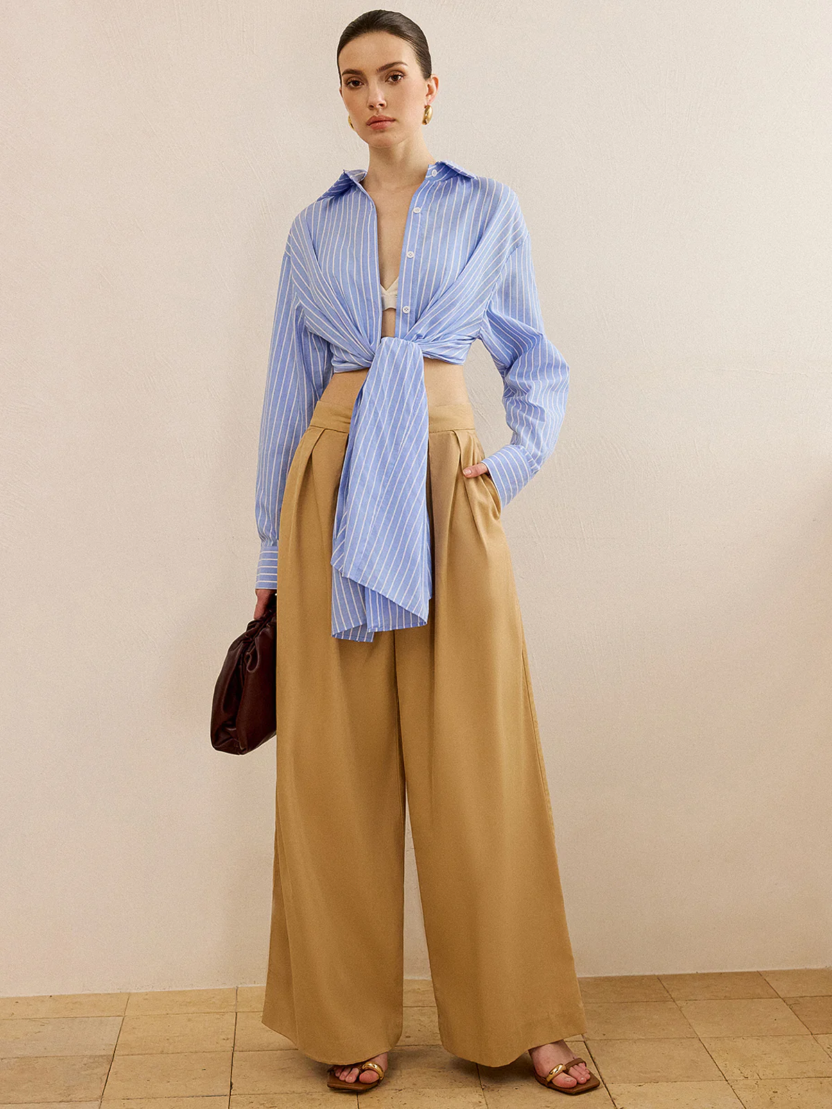 Oversized Striped Knotted Shirt - Wholesalesil